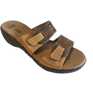 Clarks Delana Fenela Womens 9M  Leather Snakeskin Tan Wedge Slide Sandals